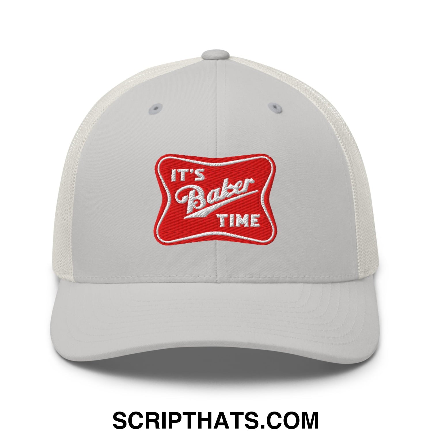 White mesh trucker hat with red embroidered patch reading its baker time in white script