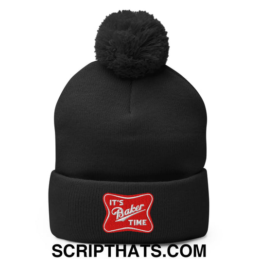 It's Baker Time Embroidered Pom Pom Knit Beanie Black