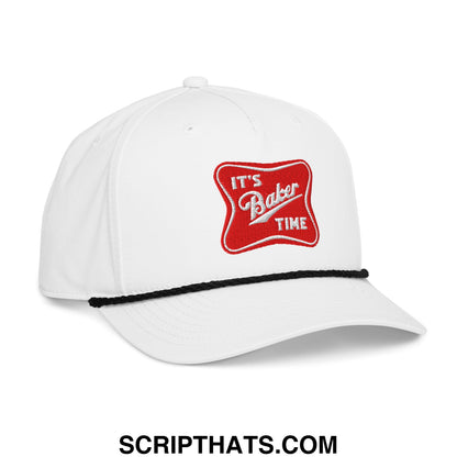 White embroidered rope hat with red its baker time patch and black stitched brim for casual wear