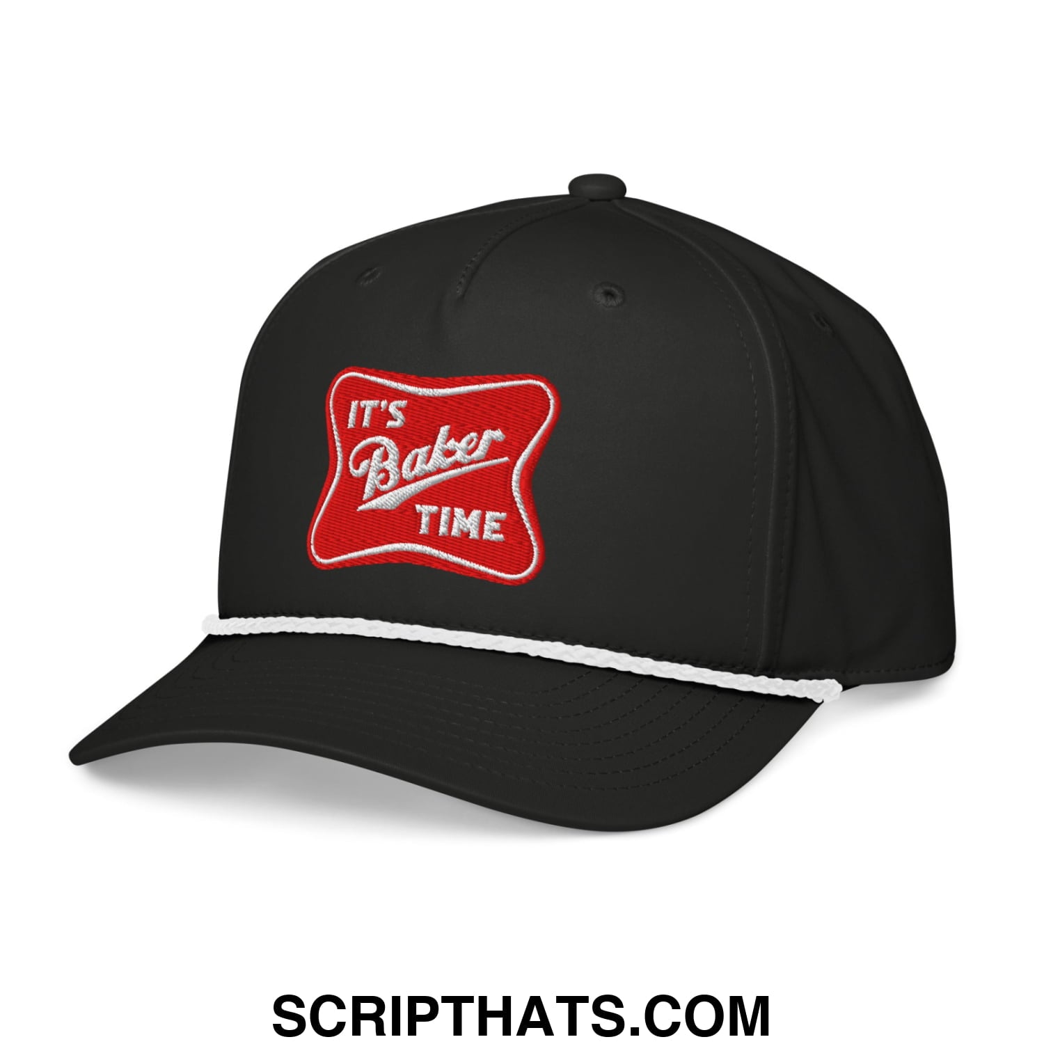 Black baseball cap featuring a red embroidered its baker time patch and white trim along the brim