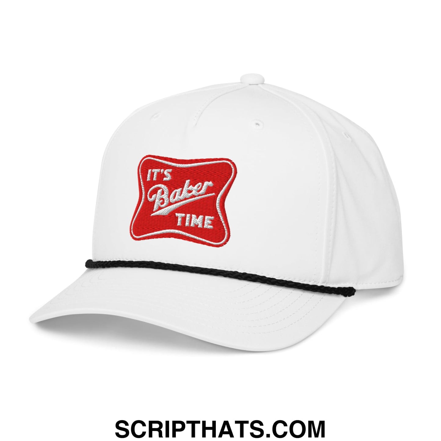 White embroidered rope hat with a red its baker time patch and black stitched brim