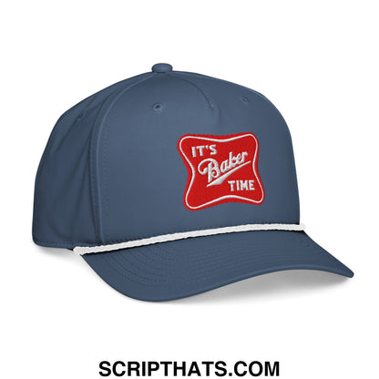 Navy blue baseball cap with a red embroidered its baker time patch and white stitched brim rope hat style