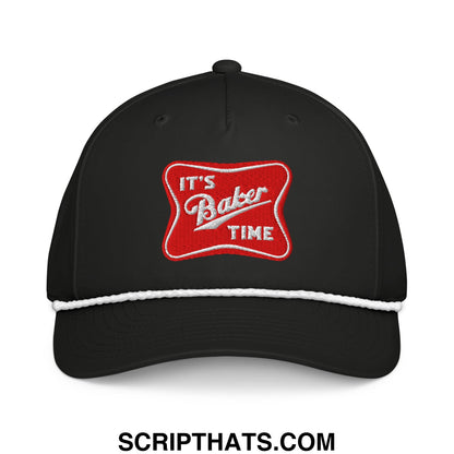 Black baseball cap with red embroidered it’s baker time patch and white stitched brim in embroidered rope hat style
