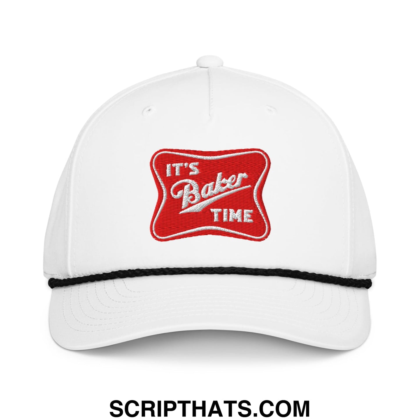 White baseball cap with red embroidered patch reading its baker time and black stitched trim along the brim