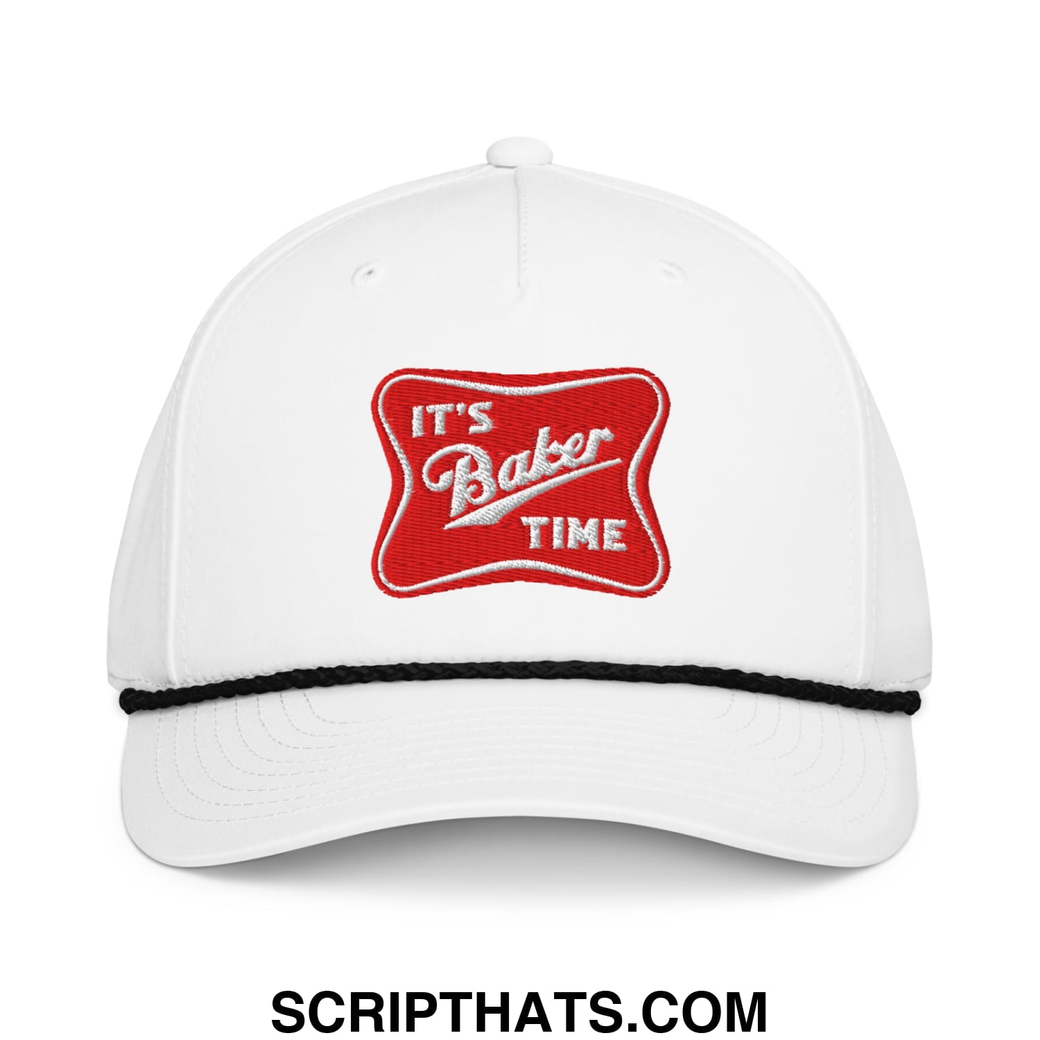 White baseball cap with red embroidered patch reading its baker time and black stitched trim along the brim