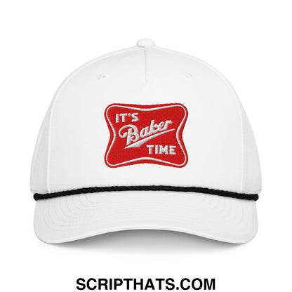 White baseball cap with red embroidered patch reading its baker time and black stitched trim along the brim