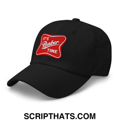 Black unstructured dad hat featuring a red embroidered patch with white cursive text reading its baker time