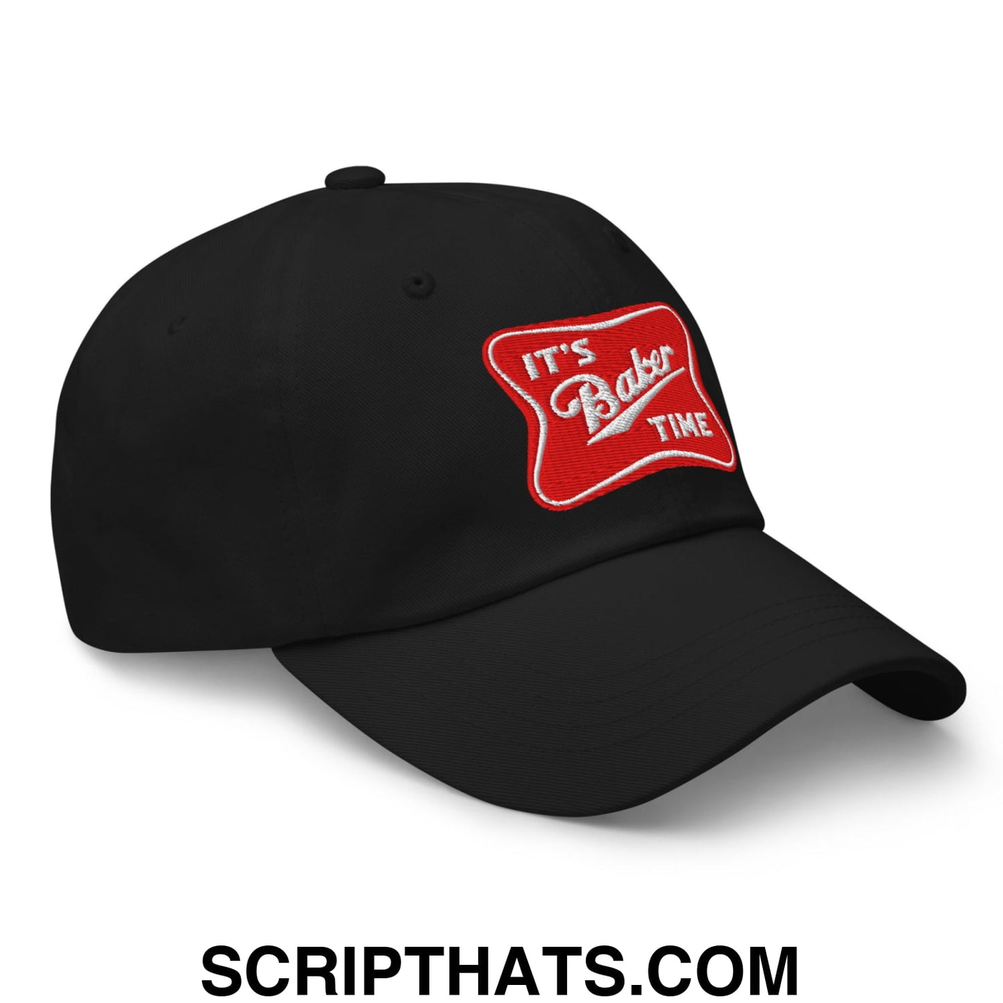Black embroidered unstructured dad hat featuring a red patch with white cursive text its baker time