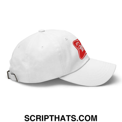 White embroidered unstructured dad hat with a red patch on the side in it’s baker time design