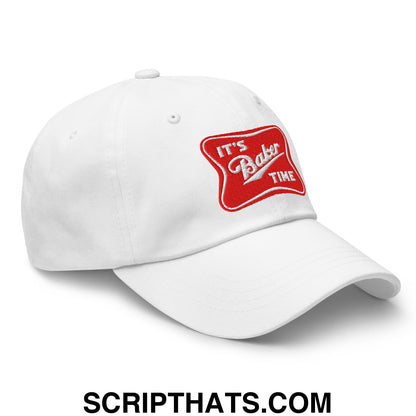 White unstructured dad hat with a red embroidered patch that reads its baker time in white script
