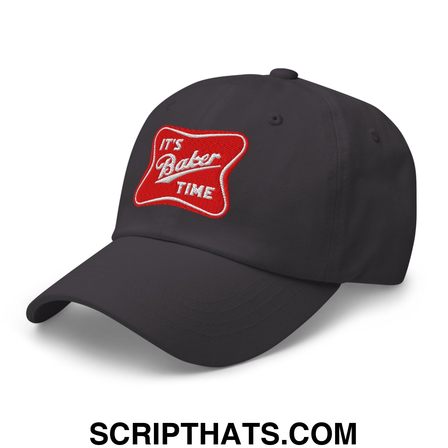 Black unstructured dad hat with red embroidered patch reading its baker time in white cursive text