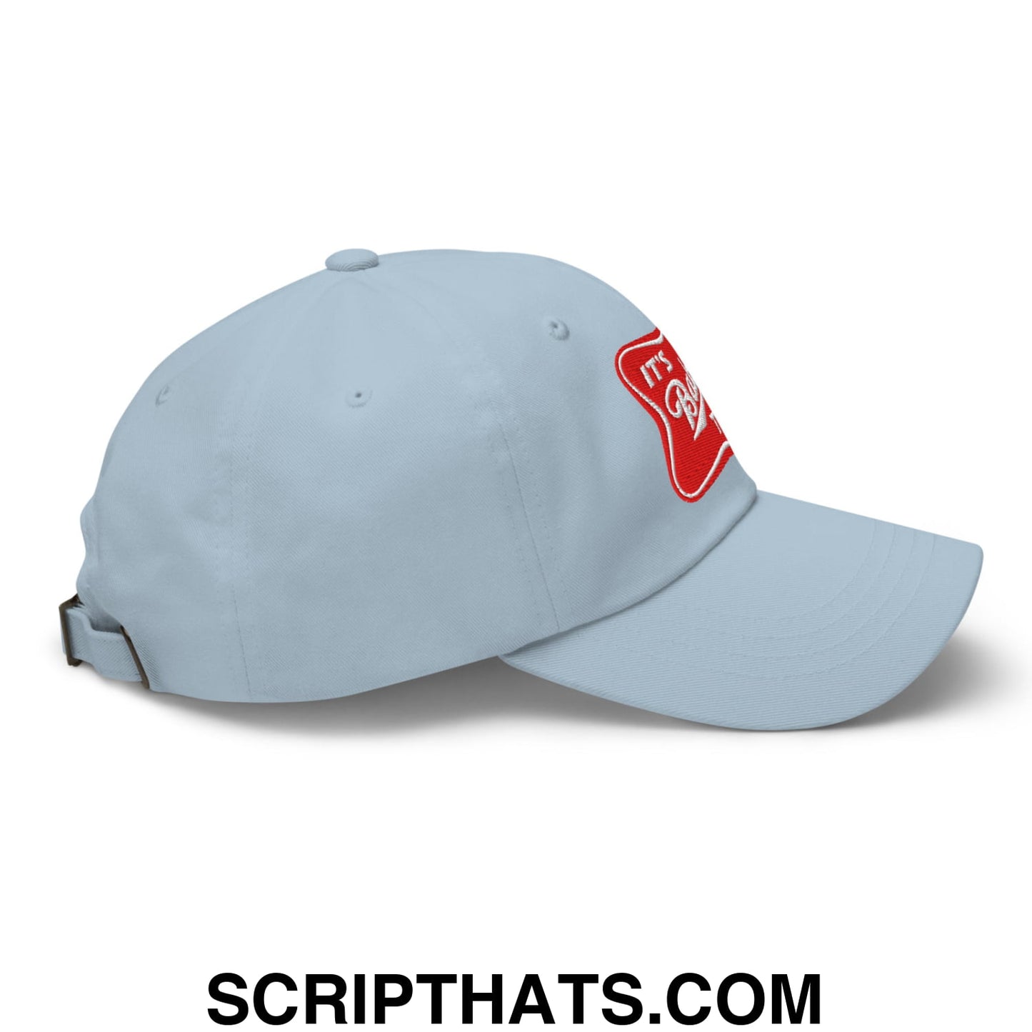 Light blue cotton dad hat with a red embroidered patch side detail in the Its Baker Time embroidered unstructured design