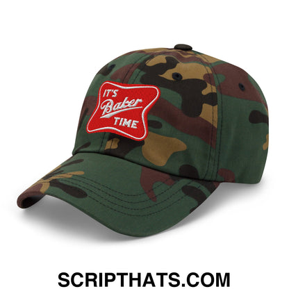 Camouflage unstructured dad hat with a red embroidered patch reading its baker time in a casual style design