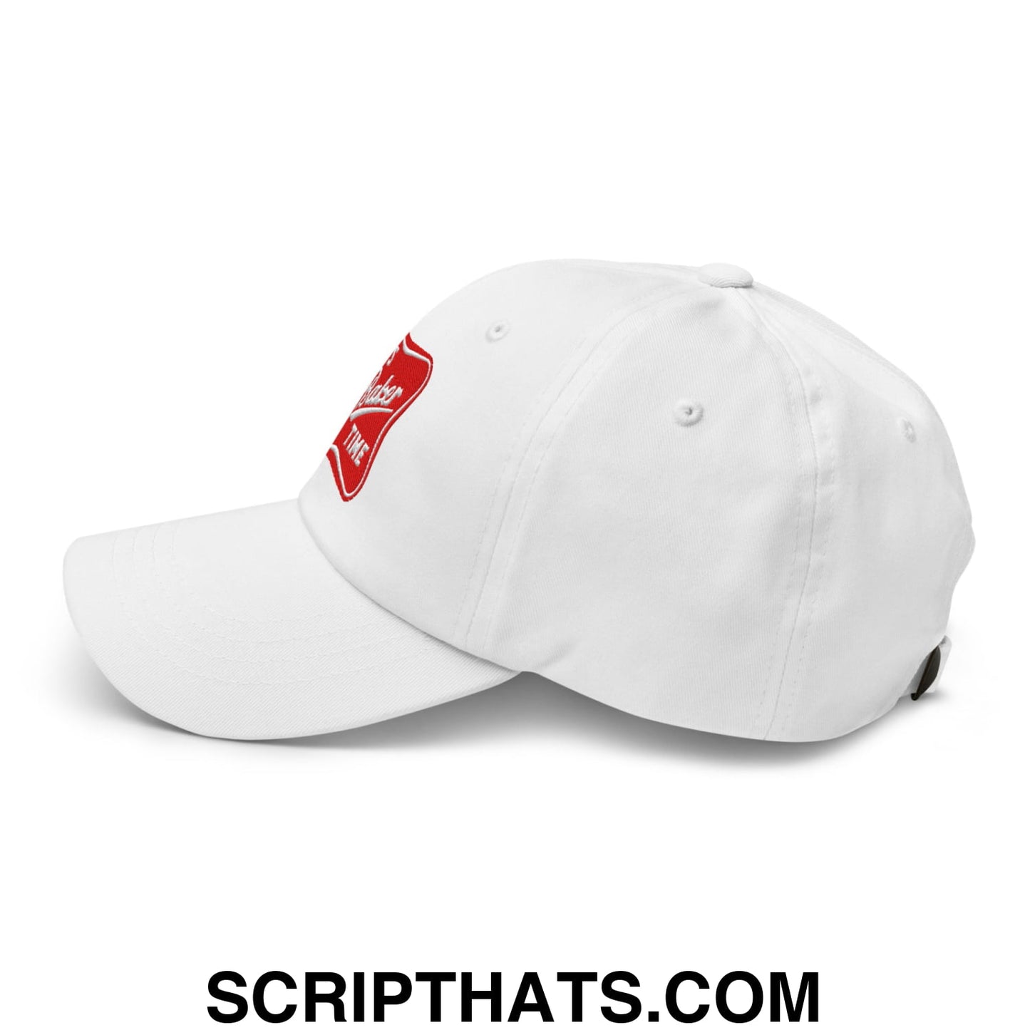 White unstructured dad hat with red embroidered its baker time logo on the front ideal for casual wear