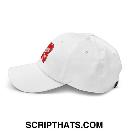 White unstructured dad hat with red embroidered its baker time logo on the front ideal for casual wear