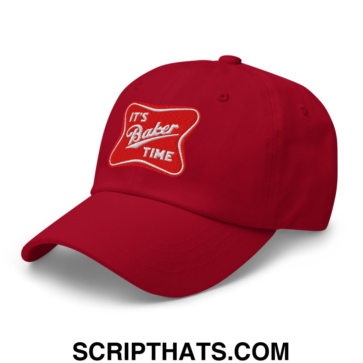 Red unstructured dad hat with embroidered it’s baker time logo in white thread on front panel