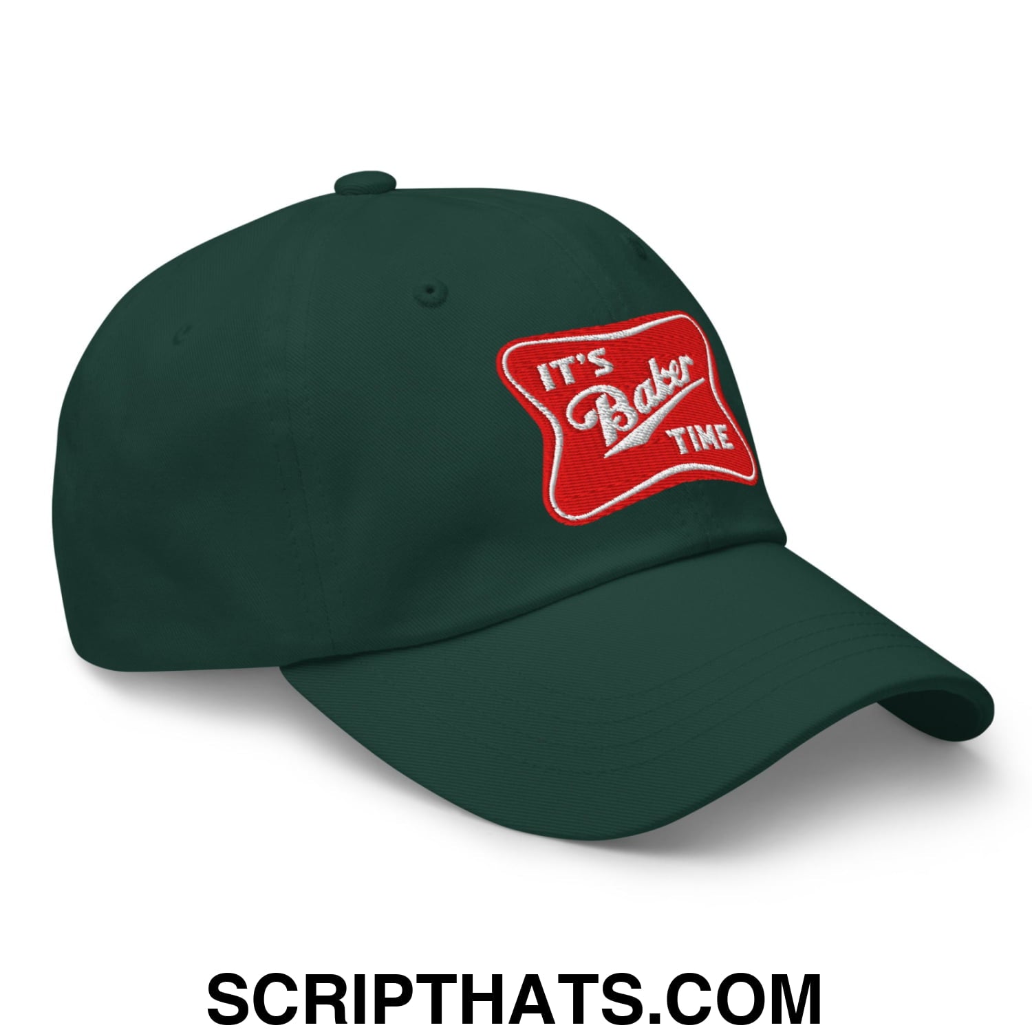 Dark green embroidered unstructured dad hat with red patch and white cursive text reading it is baker time