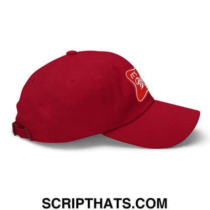 Red unstructured dad hat with white embroidered it’s baker time logo on the side perfect for casual wear