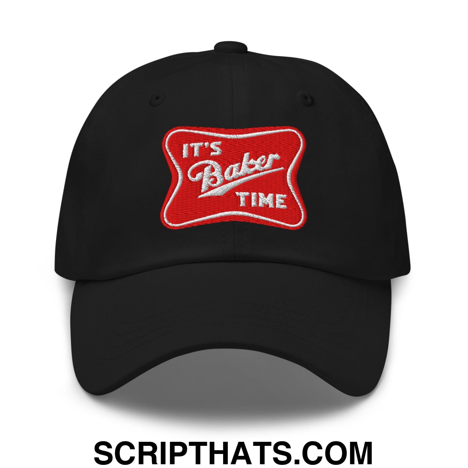 Black unstructured dad hat with red embroidered patch reading its baker time in white lettering