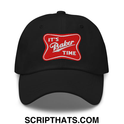 Black unstructured dad hat with red embroidered patch reading its baker time in white lettering