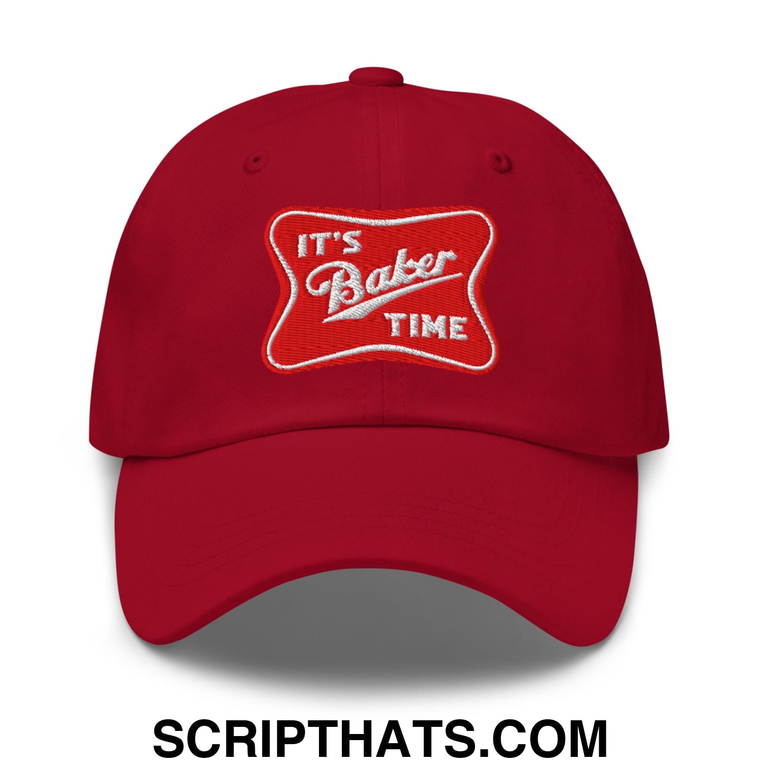 Red embroidered unstructured dad hat with white its baker time logo perfect for casual baking fans