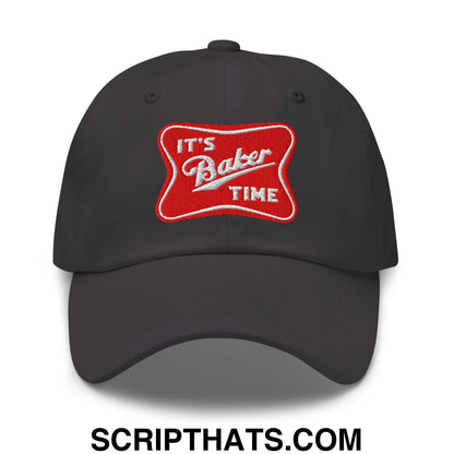 Black unstructured dad hat with red embroidered patch reading its baker time in white lettering