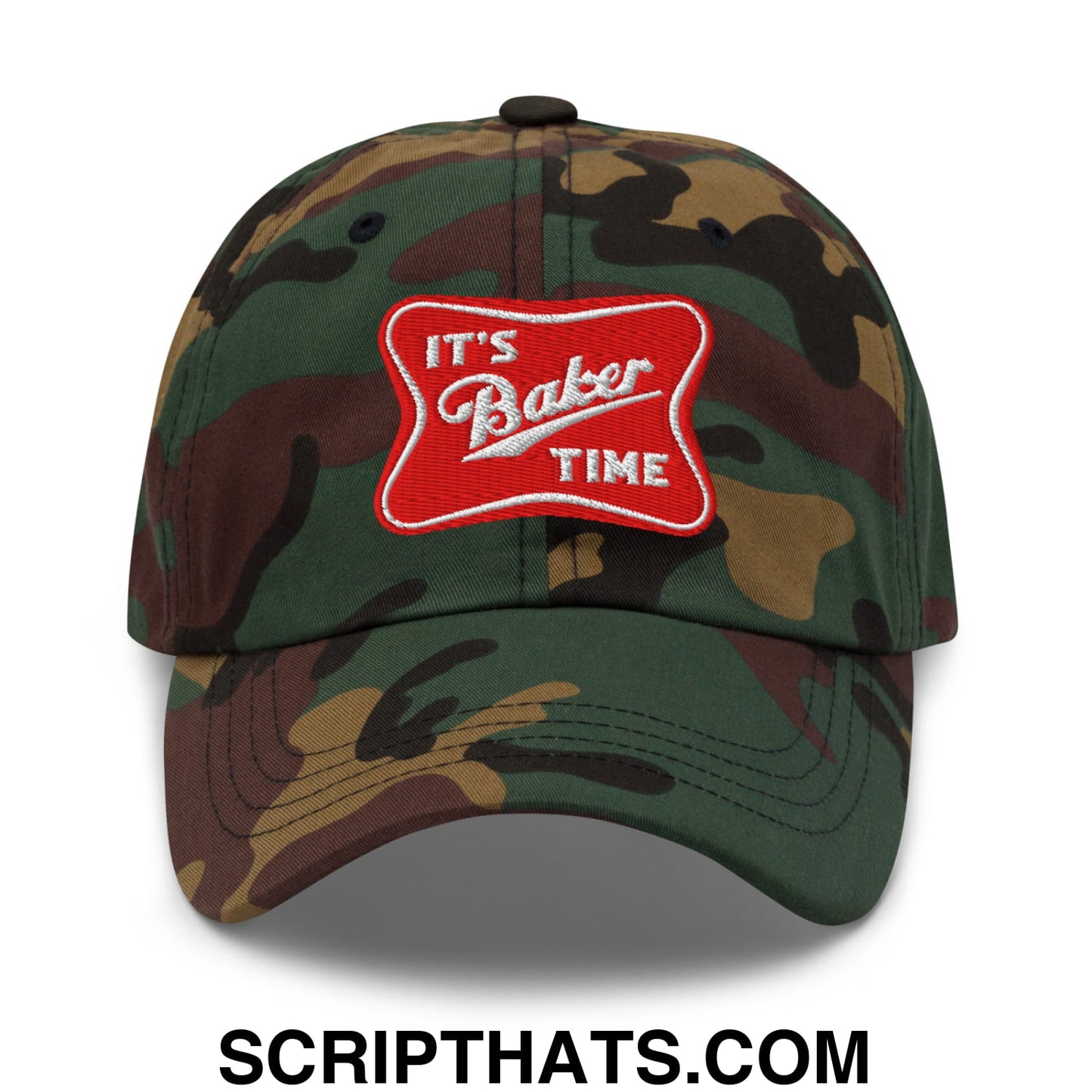 A camouflage unstructured dad hat with a red embroidered patch reading its baker time in white script