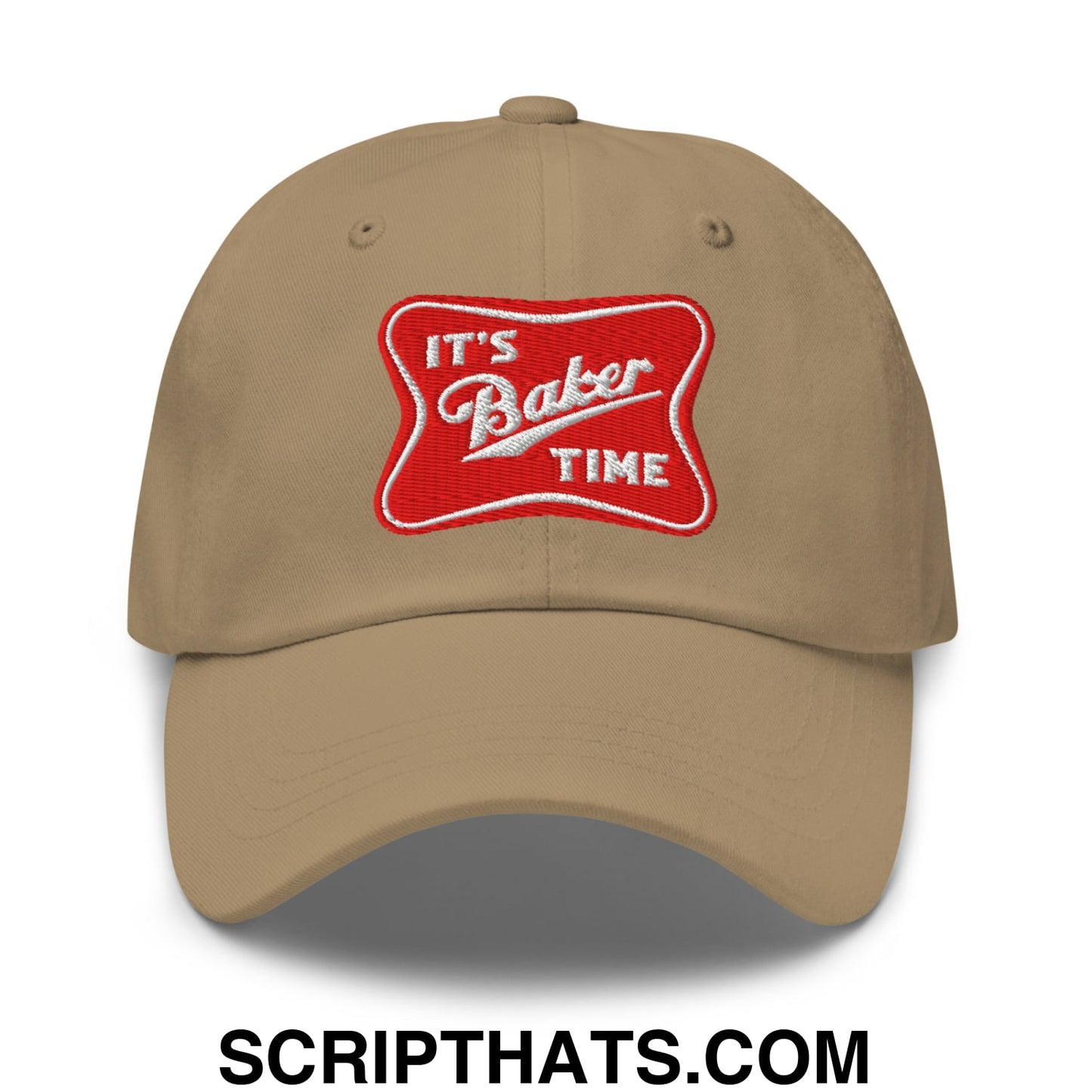 Beige unstructured dad hat with a red embroidered patch reading its baker time baseball cap