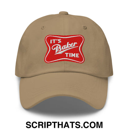 Beige unstructured dad hat with a red embroidered patch reading its baker time baseball cap