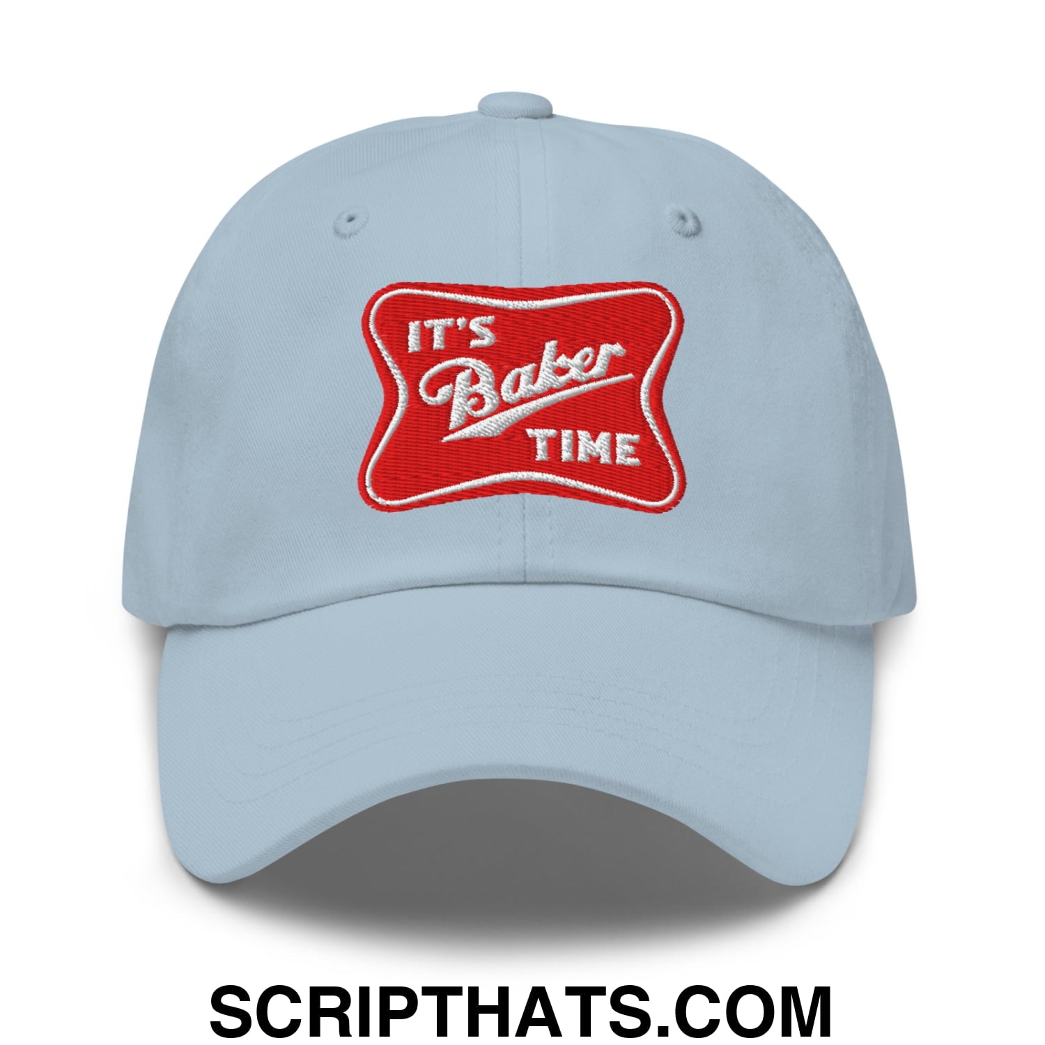 Light blue unstructured dad hat with red embroidered patch reading its baker time perfect for casual wear
