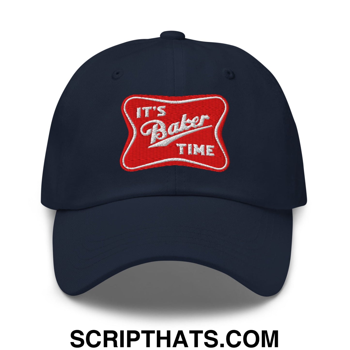 Navy blue unstructured dad hat featuring a red embroidered patch with white lettering reading its baker time