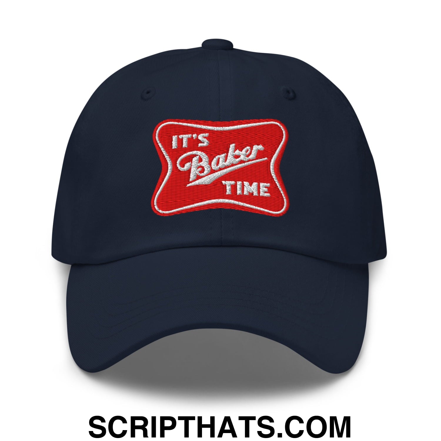 Navy blue unstructured dad hat featuring a red embroidered patch with white lettering reading its baker time