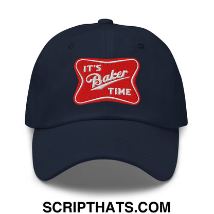 Navy blue unstructured dad hat featuring a red embroidered patch with white lettering reading its baker time