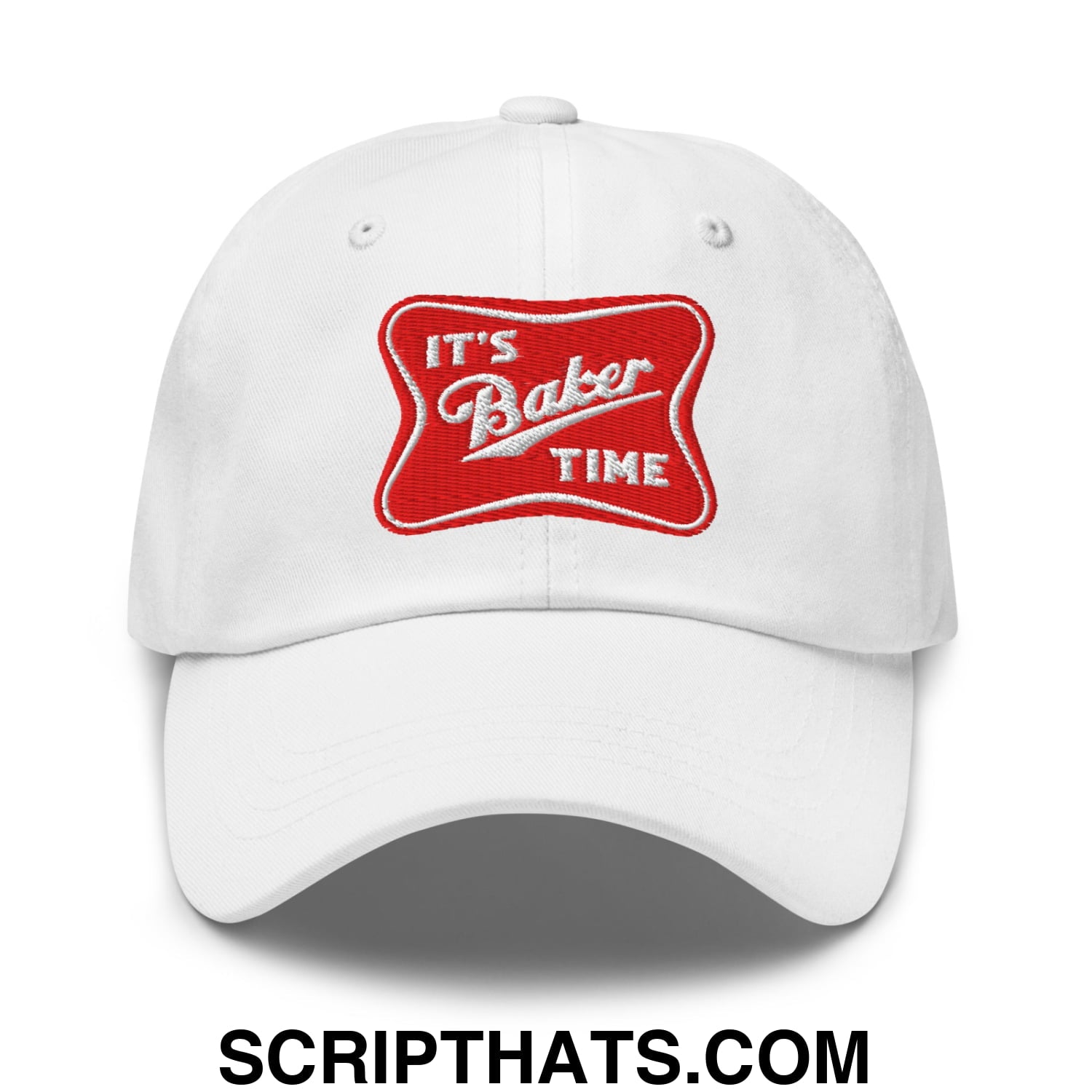 White unstructured dad hat with red embroidered patch reading its baker time in white lettering