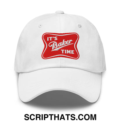 White unstructured dad hat with red embroidered patch reading its baker time in white lettering