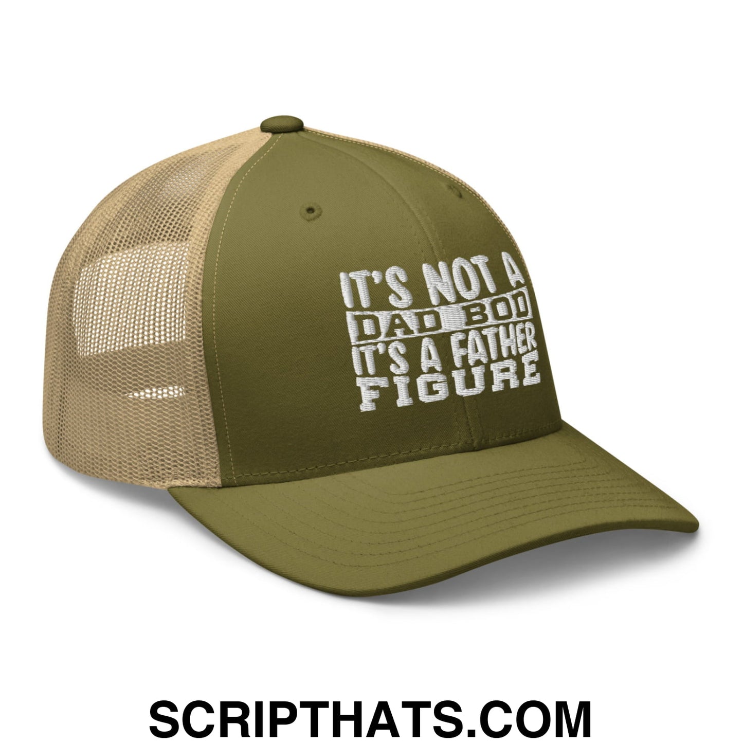 It's Not a Dad Bod it's a Father Figure Embroidered Mesh Trucker Hat Moss Khaki