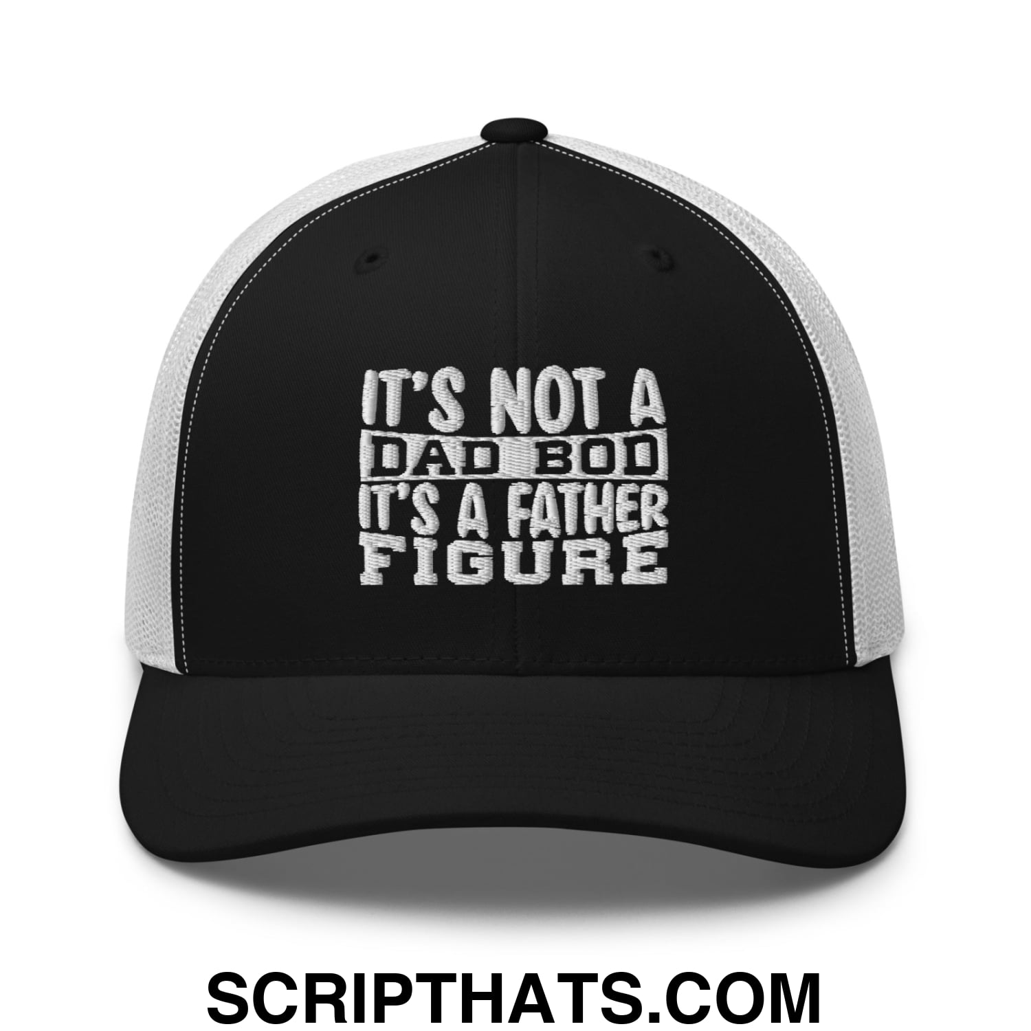 It's Not a Dad Bod it's a Father Figure Embroidered Mesh Trucker Hat Black White