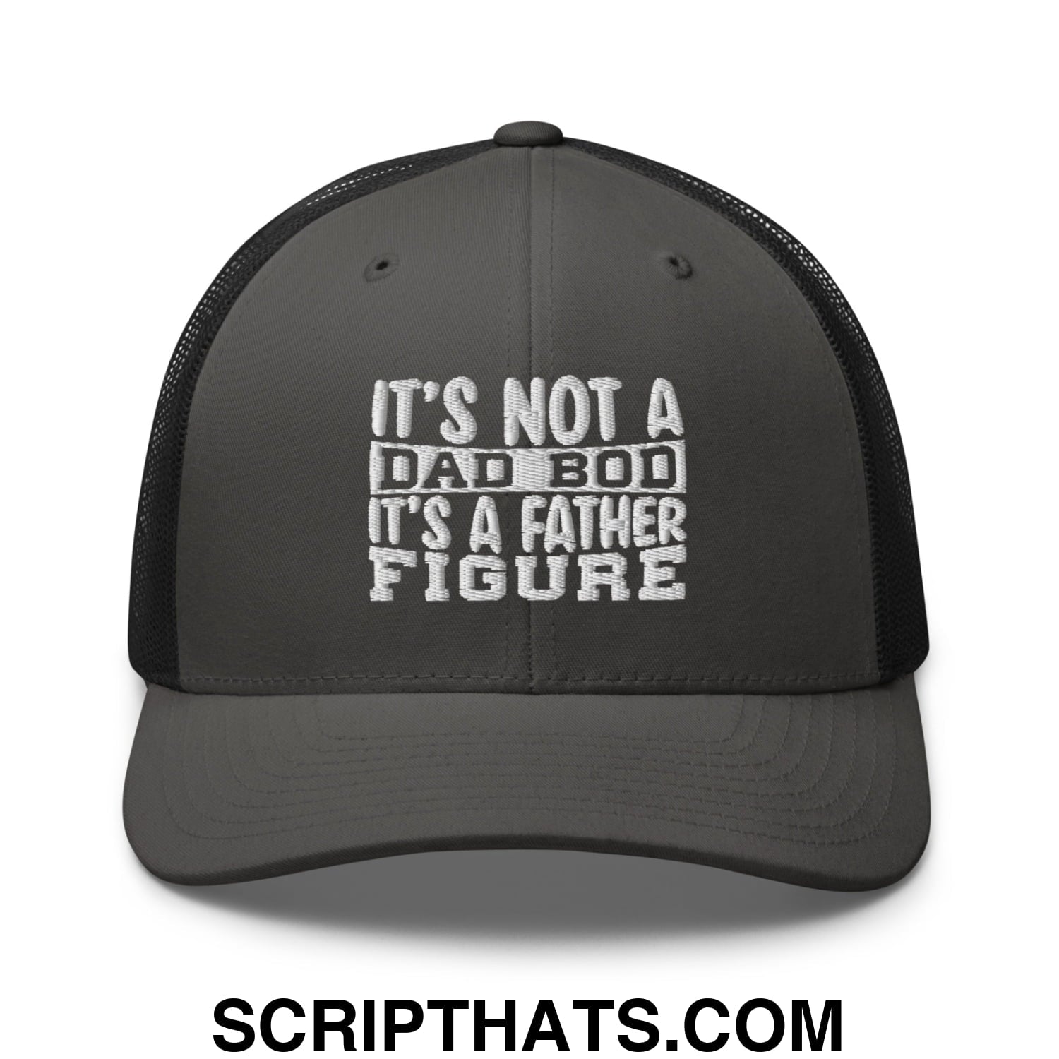 It's Not a Dad Bod it's a Father Figure Embroidered Mesh Trucker Hat Charcoal Black