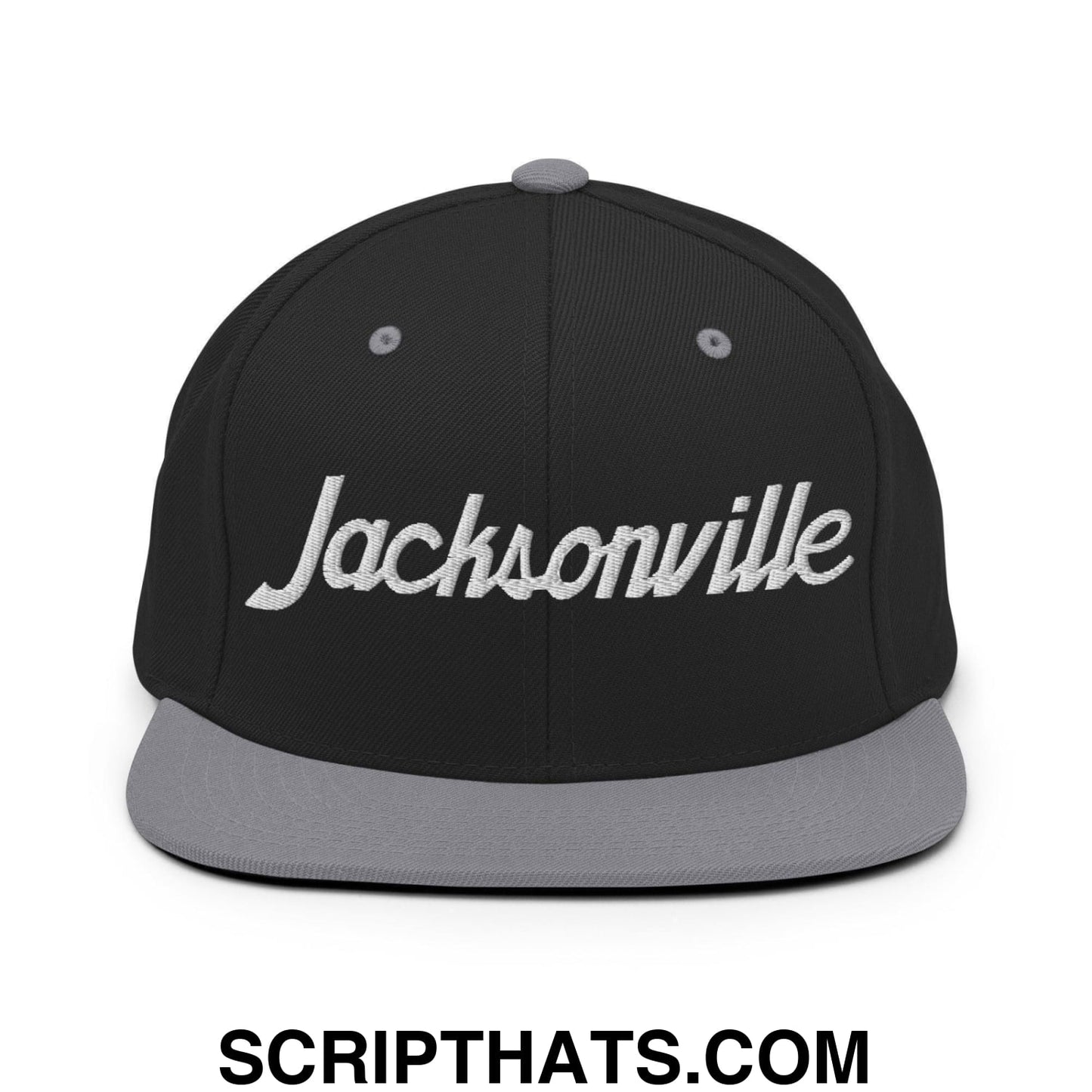 Jacksonville Script Snapback Hat Black Silver