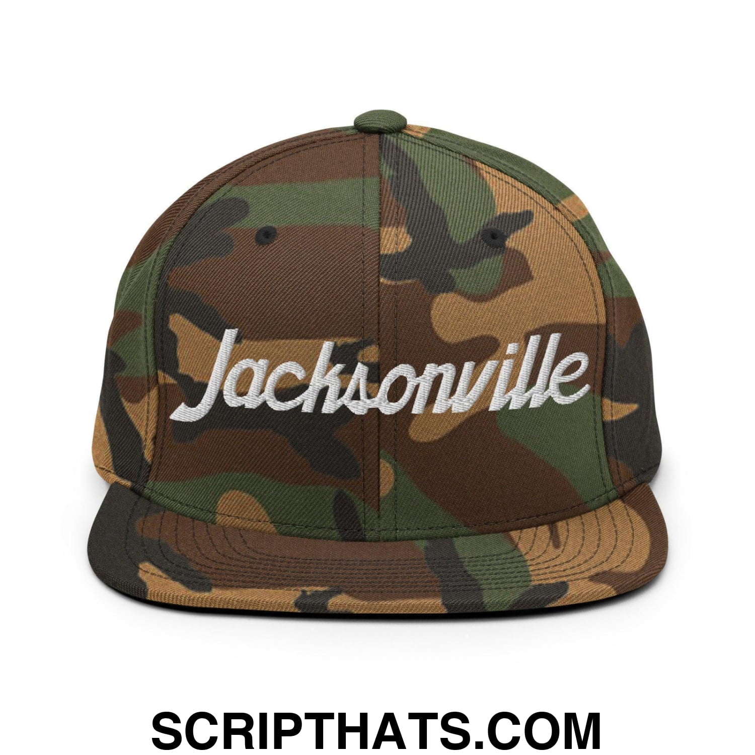 Jacksonville Script Snapback Hat Green Camo