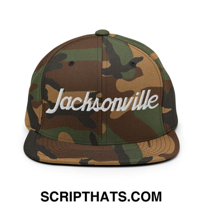 Jacksonville Script Snapback Hat Green Camo