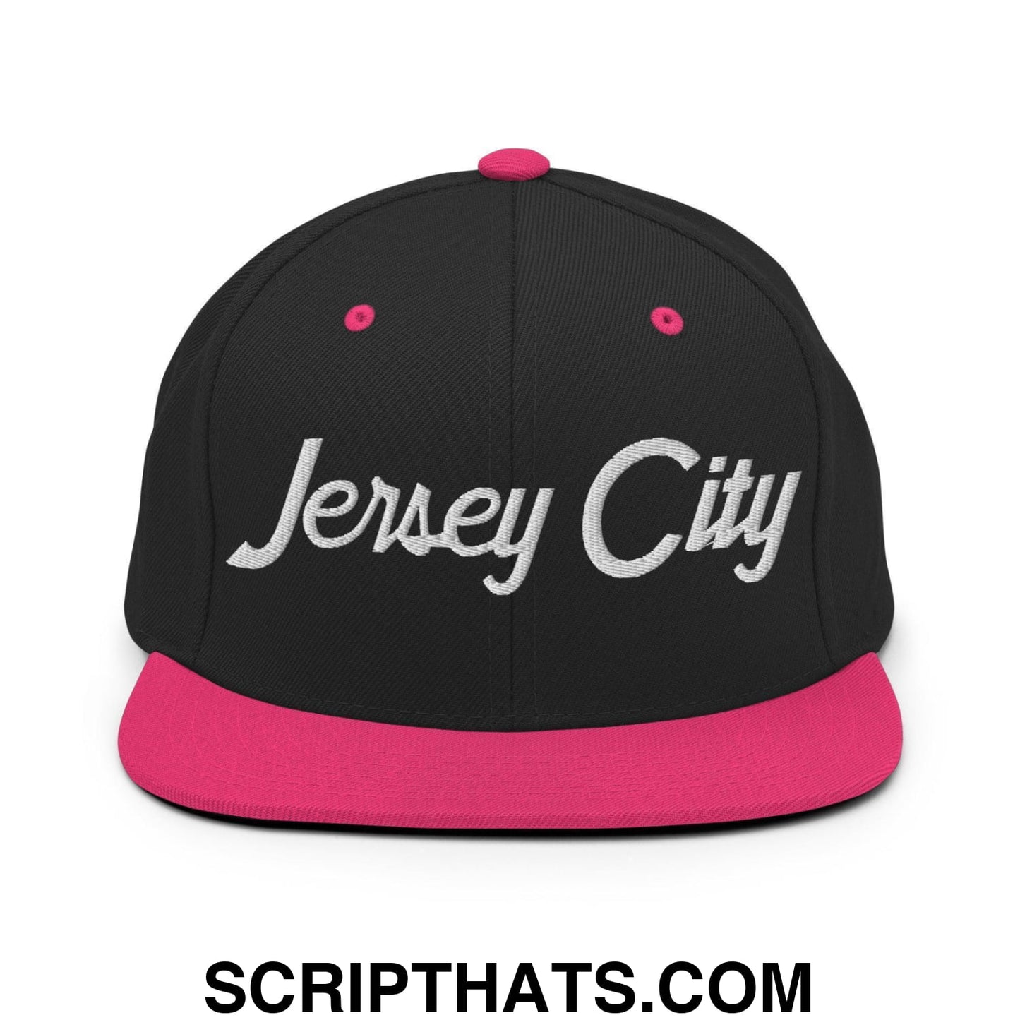 Jersey City Script Snapback Hat Black Neon Pink