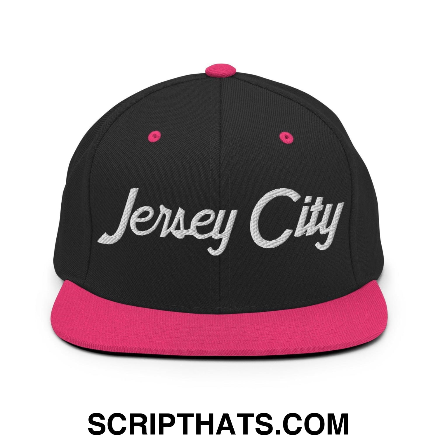 Jersey City Script Snapback Hat Black Neon Pink
