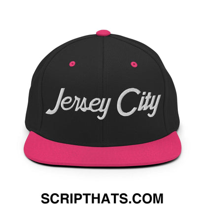 Jersey City Script Snapback Hat Black Neon Pink