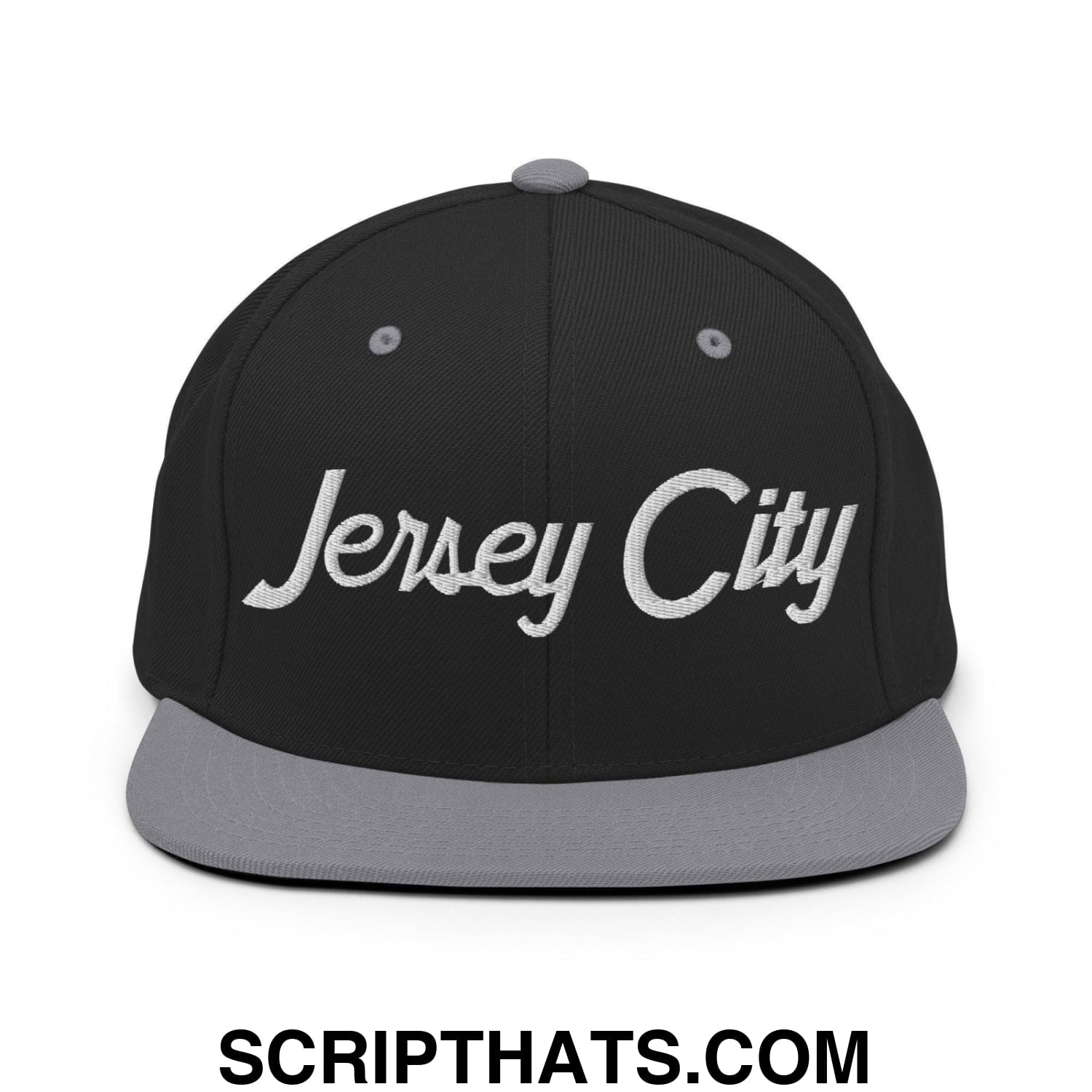 Jersey City Script Snapback Hat Black Silver