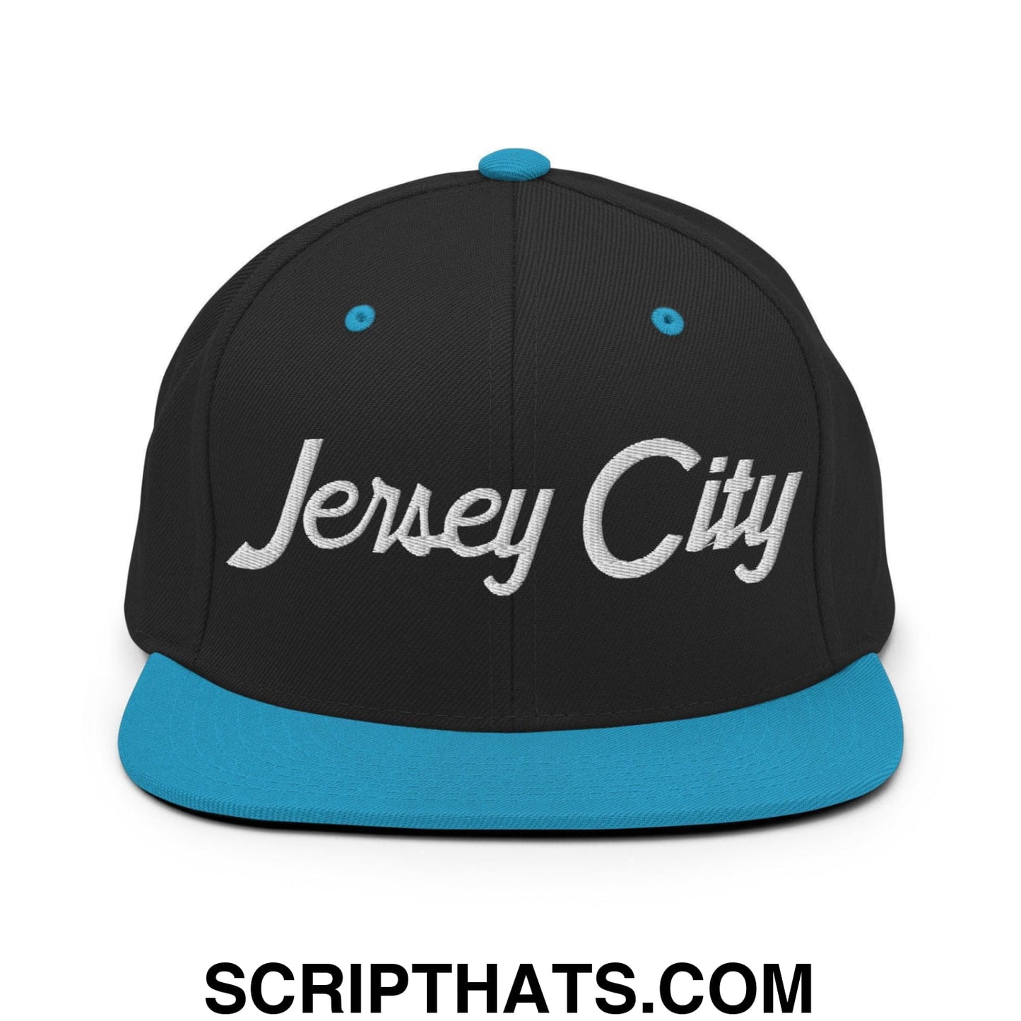 Jersey City Script Snapback Hat Black Teal