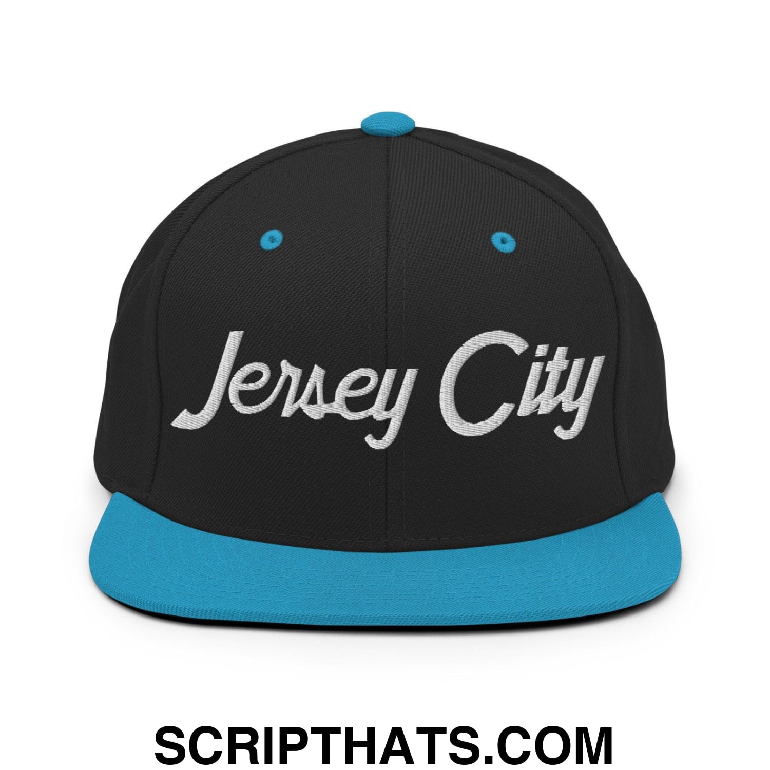Jersey City Script Snapback Hat Black Teal