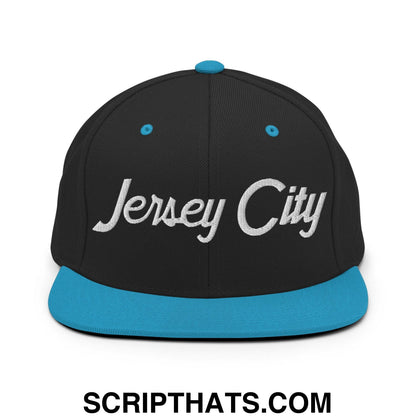 Jersey City Script Snapback Hat Black Teal