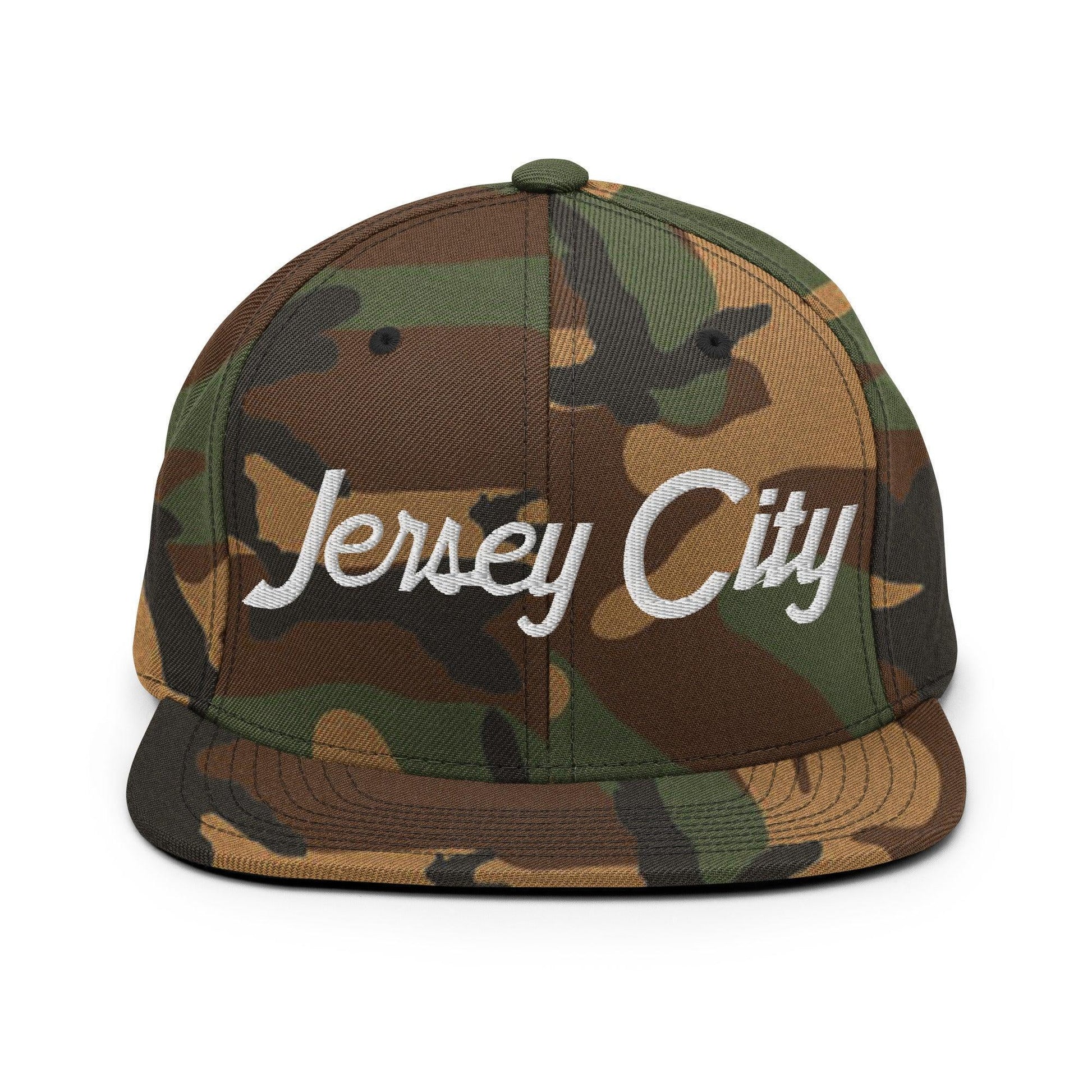 Jersey City Script Snapback Hat Green Camo