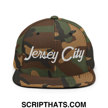 Jersey City Script Snapback Hat Green Camo